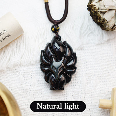 Buddha Stones Natural Rainbow Obsidian Gold Sheen Obsidian Nine Tailed Fox Positive Necklace Pendant - image 4