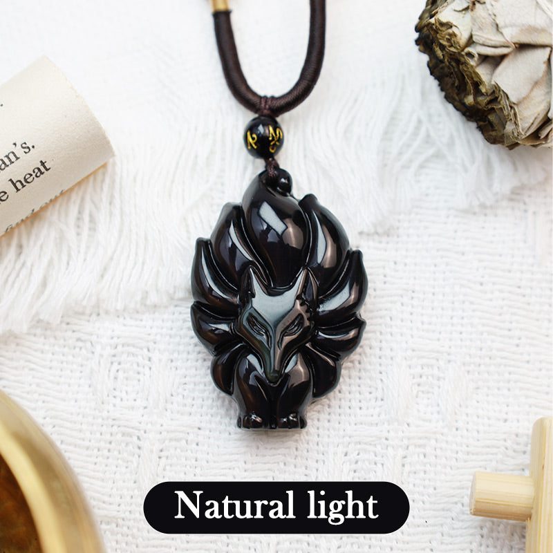 Buddha Stones Natural Rainbow Obsidian Gold Sheen Obsidian Nine Tailed Fox Positive Necklace Pendant - image 4