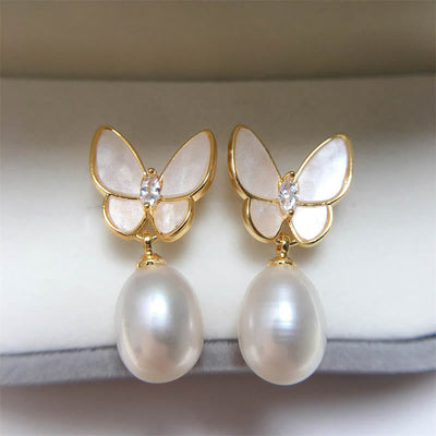 Buddha Stones 925 Sterling Silver Posts 18K Gold Plated Copper Pearl Butterfly Optimism Stud Earrings 2