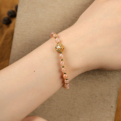 Buddha Stones 14K Gold Plated Natural Strawberry Quartz Labradorite Sun Stone Fu Character Positive Charm Bracelet Bracelet BS 14