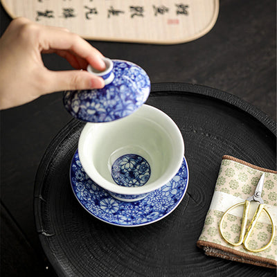 Buddha Stones Vintage Blue And White Porcelain Ceramic Gaiwan Sancai Teacup Kung Fu Tea Cup And Saucer With Lid Cup BS 3