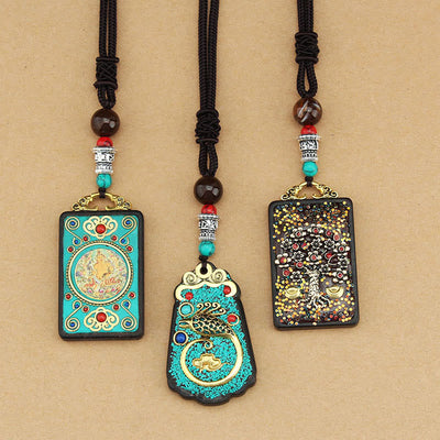 Buddha Stones Tibet God Of Wealth Money Tree Golden Phoenix Thangka Ebony Peace Necklace Pendant Necklaces & Pendants BS 16