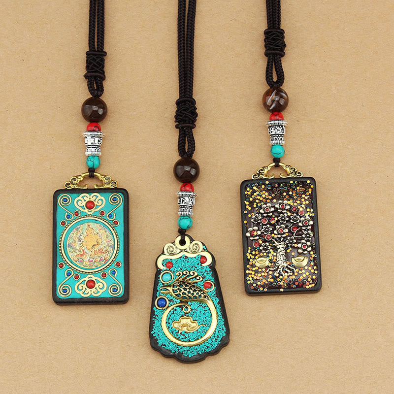 Buddha Stones Tibet God Of Wealth Money Tree Golden Phoenix Thangka Ebony Peace Necklace Pendant Necklaces & Pendants BS 16