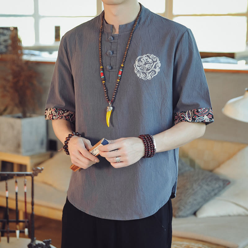 Buddha Stones Frog-Button Dragon Embroidery Chinese Tang Suit Short Sleeve Shirt Linen Men Clothing Men's Shirts BS 1