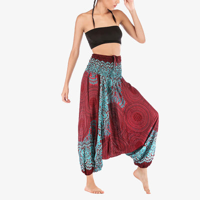 Buddha Stones Two Style Wear Round Geometric Pattern Loose Smocked Harem Trousers Jumpsuit High Waist Women's Yoga Pants Harem Pants&Bodysuit BS 2