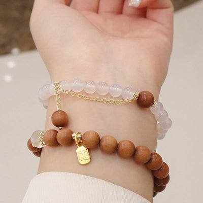 Buddha Stones Sandalwood Cat's Eye Fu Character Charm Protection Bracelet Bracelet BS main