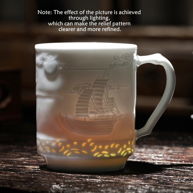 Buddha Stones Jingdezhen Linglong Porcelain Auspicious Dragon Phoenix Boat Smooth Sailing Ceramic Teacup Office Tea Cups 420ml Cup BS 10