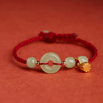 Buddha Stones Round Peace Buckle Jade Lotus Happiness Abundance Wealth String Bracelet - Lotus-Dark Red(Wrist Circumference 14-18cm) - image 0
