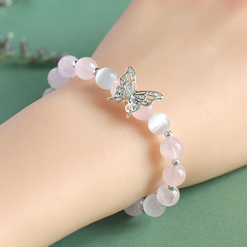 Buddha Stones Blue Chalcedony Pink Crystal Purple Chalcedony Butterfly Energy Bracelet 6