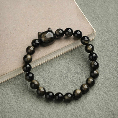 Foviel Gold Sheen Obsidian Silber Sheen Obsidian Schöne Paw Glück Katzenschutz Armband