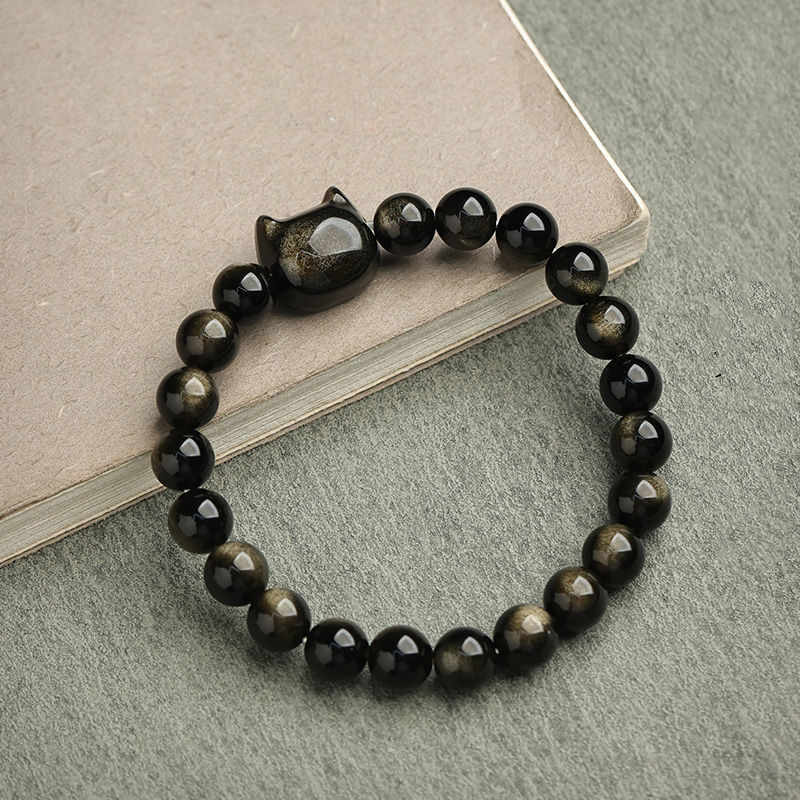 Foviel Gold Sheen Obsidian Silver Sheen Obsidian Lovely Paw Lucky Cat Protection Bracelet