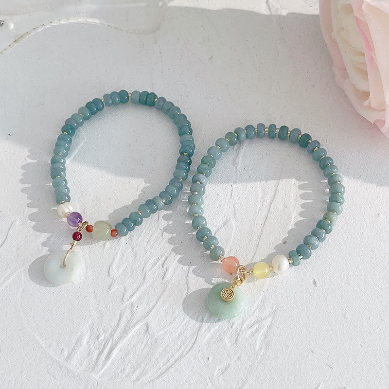 Buddha Stones Natural Hetian Jade Pearl Peace Buckle Fu Character Gourd Money Bag Strawberry Quartz PiXiu Luck Bracelet Bracelet BS 1