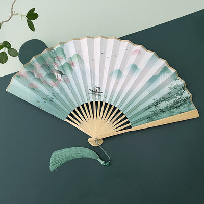 Buddha Stones Retro Lotus Flower Leaf Mountain Lake Handheld Folding Fan With Bamboo Frames Folding Fan BS Boat Lake Landscape Beige Bamboo Frames