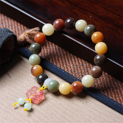 Buddha Stones Natural Multicolored Gradient Bodhi Seed Liuli Glass Charm Peace Bracelet Bracelet BS Bodhi Seed Pink Liuli Glass Charm(Wrist Circumference 14-17cm)