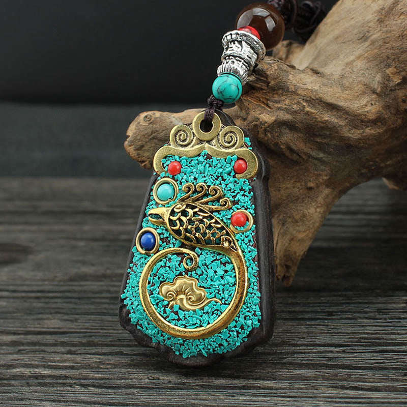 Buddha Stones Tibet God Of Wealth Money Tree Golden Phoenix Thangka Ebony Peace Necklace Pendant Necklaces & Pendants BS Golden Phoenix