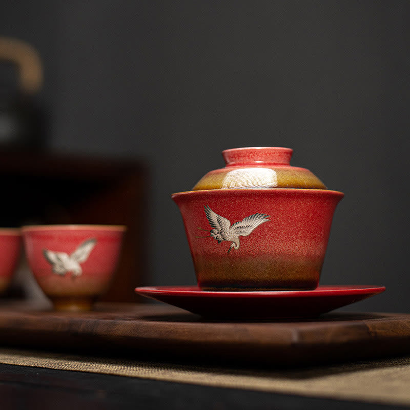 Buddha Stones Red Auspicious Crane Ceramic Gaiwan Sancai Teacup Kung Fu Tea Cup And Saucer With Lid Cup BS 2