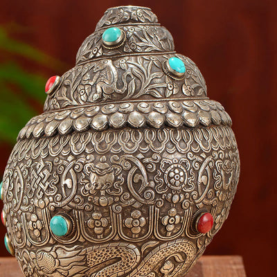 Buddha Stones Tibetan Handmade Natural Shankha Engraved Eight Auspicious Symbols Conch Shell Lucky Home Decoration Decorations BS 6