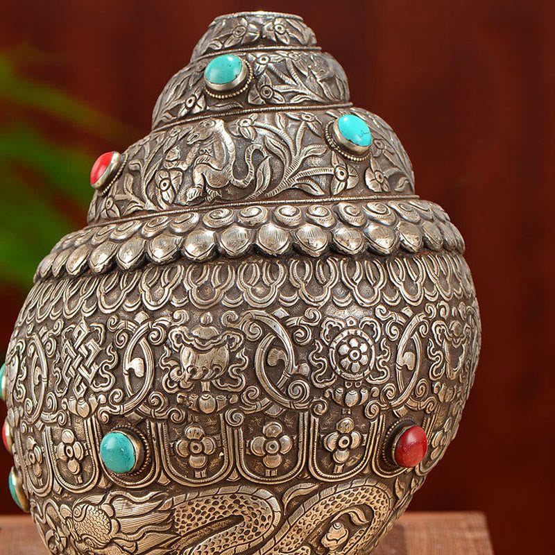Buddha Stones Tibetan Handmade Natural Shankha Engraved Eight Auspicious Symbols Conch Shell Lucky Home Decoration Decorations BS 6