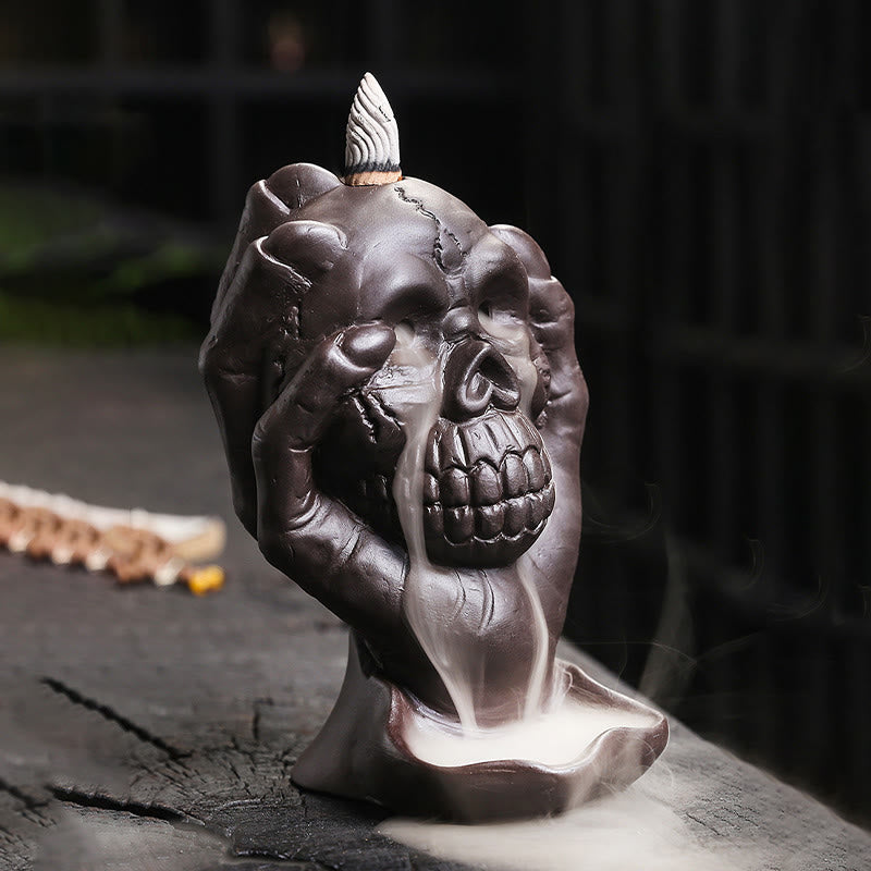 Buddha Stones Halloween Skull With Ghost Hand Purple Clay Spiritual Incense Burner Decoration Incense Burner BS 1