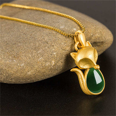Buddha Stones Green Chalcedony Fox Pattern Courage Necklace Pendant Necklaces & Pendants BS 6