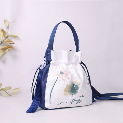 Buddha Stones Embroidered Lotus Koi Fish Crane Camellia Cotton Linen Tote Crossbody Bag Shoulder Bag Handbag Crossbody Bag BS 1