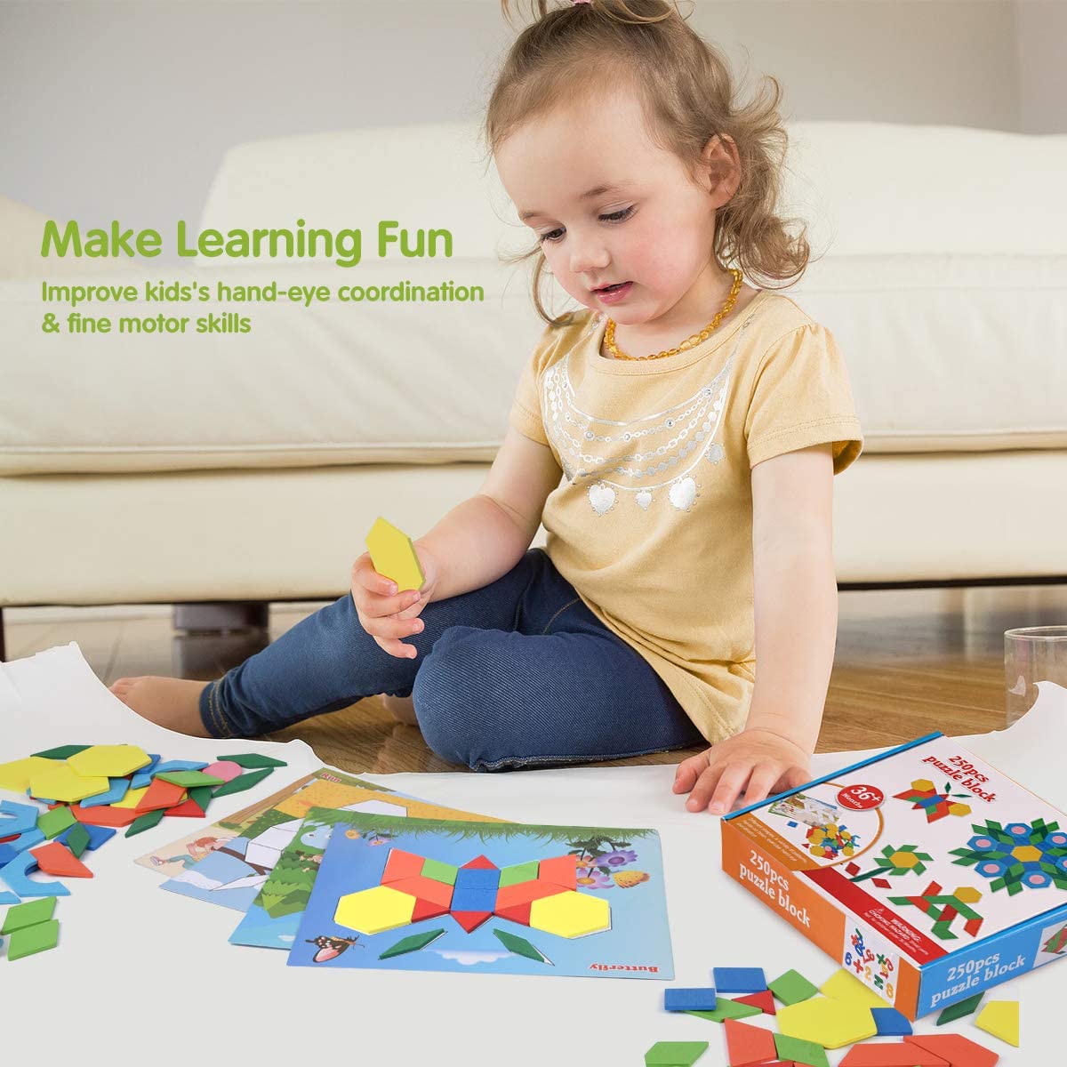 Fidtoy Blocs de construction en bois 250 pièces de puzzle créatif Tangram pour les enfants de 2 à 6 ans