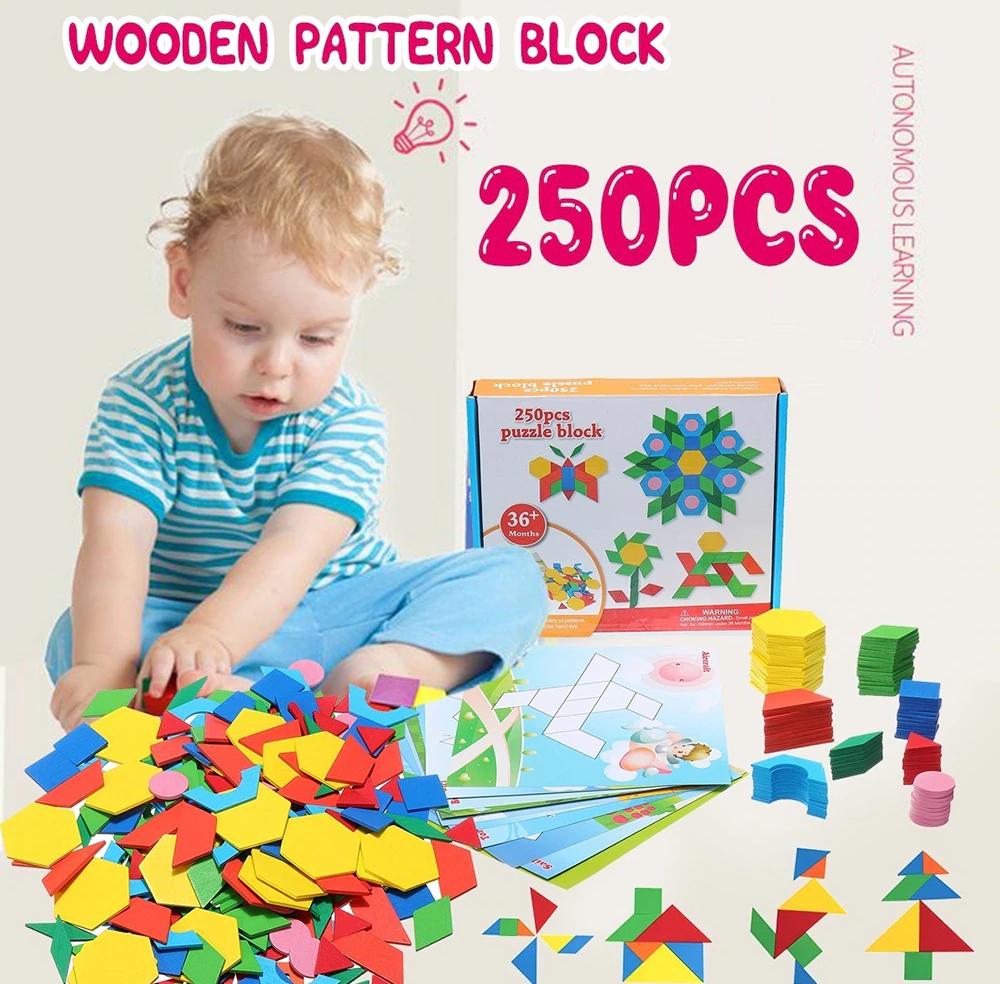 Fidtoy Blocs de construction en bois 250 pièces de puzzle créatif Tangram pour les enfants de 2 à 6 ans