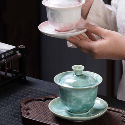 Buddha Stones Traditional Glaze Ceramic Gaiwan Sancai Teacup Kung Fu Tea Cup And Saucer With Lid 180ml Cup BS 14