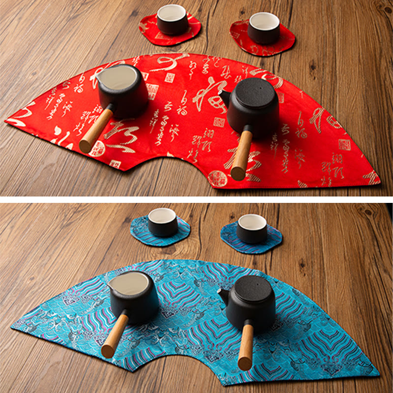 Buddha Stones Vintage Sea Wave Bamboo Plum Blossom Embroidered Cup Mat Pad Tea Cup Coaster Kung Fu Tea Mat Tea Mat BS 9
