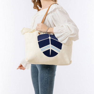 Buddha Stones Large Capacity Evil Eye Leaf Hamsa Tassel Canvas Tote Shoulder Bag Shoulder Bag BS 14