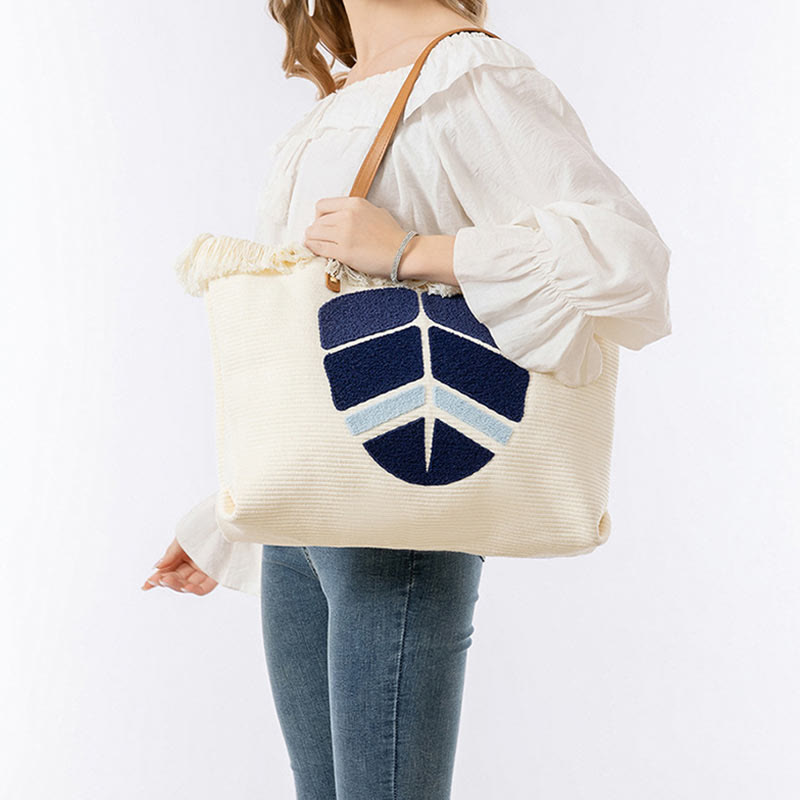 Buddha Stones Large Capacity Evil Eye Leaf Hamsa Tassel Canvas Tote Shoulder Bag Shoulder Bag BS 14