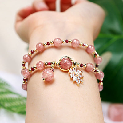 Foviel Natural Strawberry Quartz Love Healing Maple Leaf Charm Double Wrap Bracelet