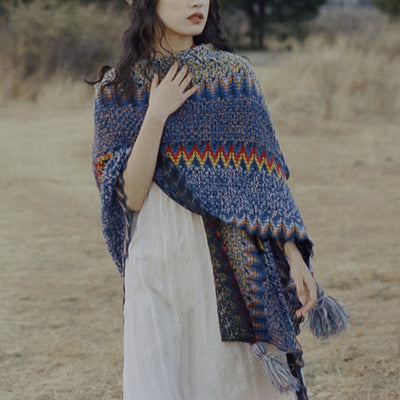 Buddha Stones Tibetan Shawl Soft Warm Knitting Cloak Winter Tibetan Tassel Scarf Tibetan Shawl BS 14