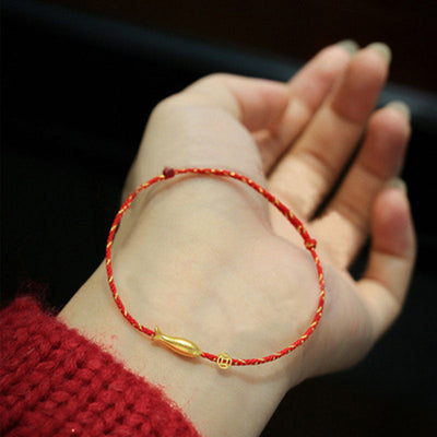 Buddha Stones 14K Gold Plated Koi Fish Luck Wealth Braided Bracelet Bracelet BS Small Koi Fish 12*3.6mm(Pull Style)(Wrist Circumference 14-16cm)