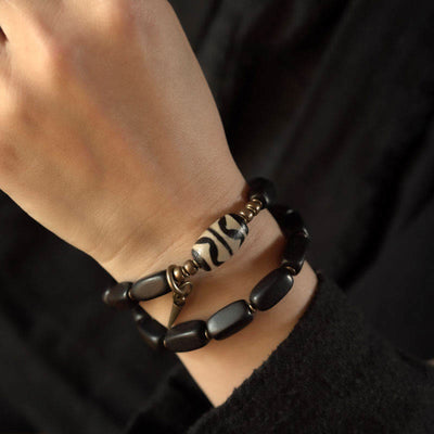 Buddha Stones Tibet Ebony Wood Dzi Bead Copper Balance Double Wrap Bracelet Bracelet BS 15
