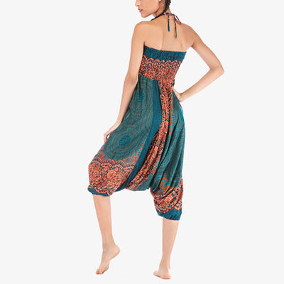 Buddha Stones Two Style Wear Round Geometric Pattern Loose Smocked Harem Trousers Jumpsuit High Waist Women's Yoga Pants Harem Pants&Bodysuit BS 27