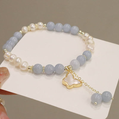 Buddha Stones Natural Aquamarine Pearl Healing Ginkgo Leaf Butterfly Charm Bracelet Bracelet BS 8