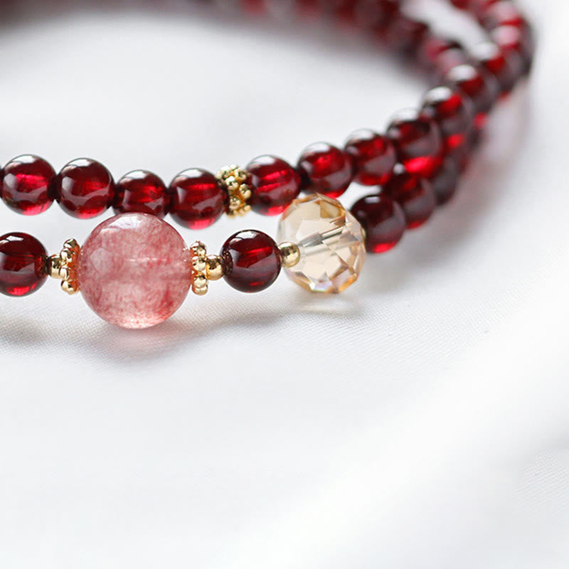 Buddha Stones 14K Gold Plated Natural Garnet Strawberry Quartz Stability Double Wrap Bracelet Bracelet BS 7