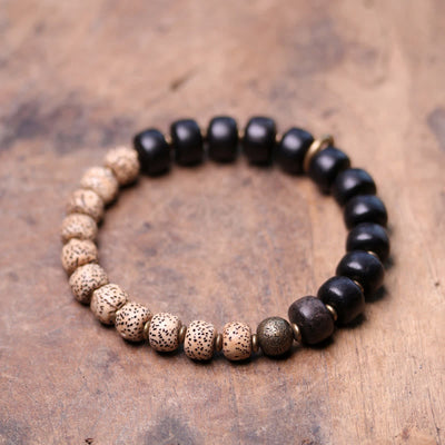 Buddha Stones Tibetan Bodhi Seed Black Obsidian Ebony Wood Copper Peace Bracelet Bracelet BS Bodhi Seed&Round Ebony Wood 18cm