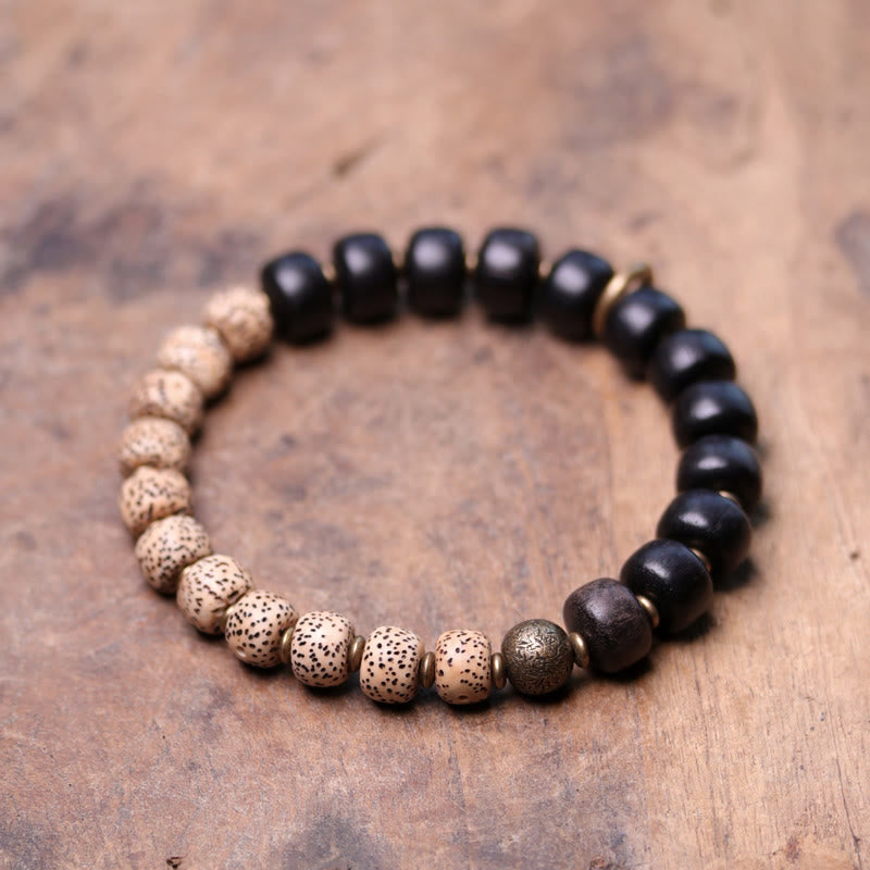 Buddha Stones Tibetan Bodhi Seed Black Obsidian Ebony Wood Copper Peace Bracelet Bracelet BS Bodhi Seed&Round Ebony Wood 18cm