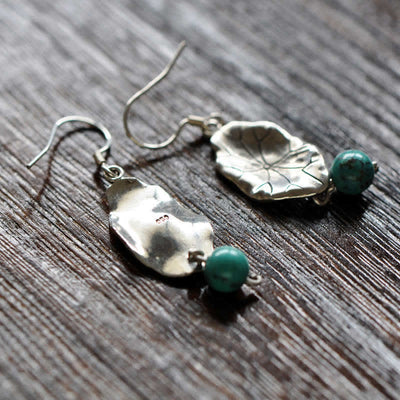 Buddha Stones 925 Sterling Silver Turquoise Lotus Leaf Protection Drop Dangle Earrings Earrings BS 9