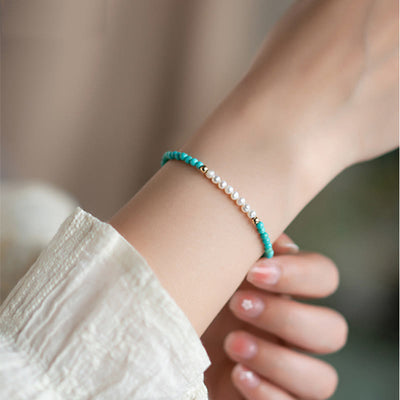 Buddha Stones 925 Sterling Silver Natural Turquoise Pearl Beaded Bracelet Bracelet BS 1