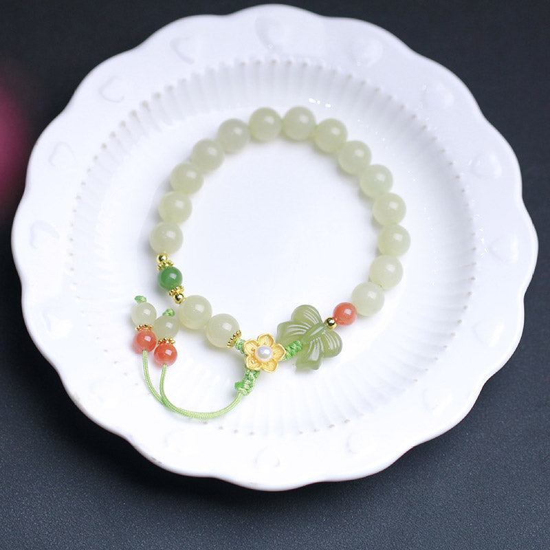 Buddha Stones 925 Sterling Silver Jade Luck Flower Butterfly Bracelet Bracelet BS 5