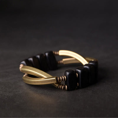 Buddha Stones Tibetan Ebony Wood Brass Copper Balance Double Layer Bracelet - image 9