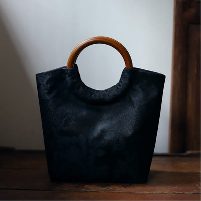 Buddha Stones Peony Flower Bamboo Leaves Bird Solid Wood Handle Handbag Handbags BS Dark Blue 22*19*11cm