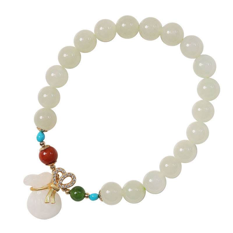 Buddha Stones Natural Hetian White Jade 14K Gold Plated Money Bag Blessing Bracelet Bracelet BS 6