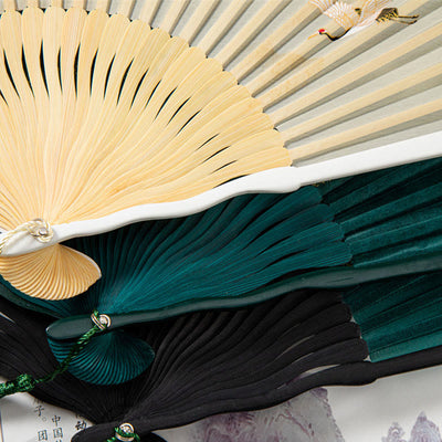 Buddha Stones Flying White Crane Sun Cloud Handheld Silk Bamboo Folding Fan 22cm 11