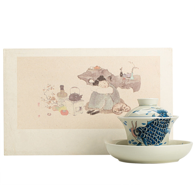 Buddha Stones Koi Fish Arowana Ceramic Gaiwan Sancai Teacup Kung Fu Tea Cup With Lid 130ml Cup BS 37