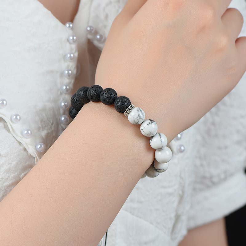 Buddha Stones Yin Yang Lava Stone Protection Bracelet Bracelet BS 6