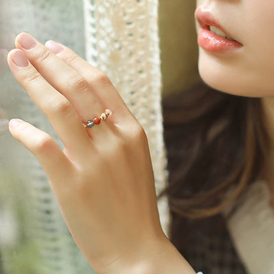 Buddha Stones 14k Gold Plated Copper Fu Lu Shou Crystal Peach Moonstone Happiness Wealth Ring Ring BS 3